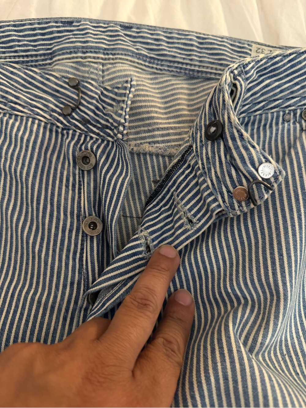 Blue and White Diesel Striped Button-Fly Pants 33x32